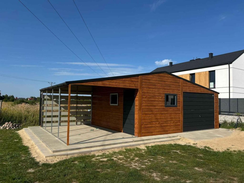 Garaż jednostanowiskowy 8.5×5 m z Wiatą Dach dwuspadowy, Drewnopodobny Bemowo - zdjęcie 1