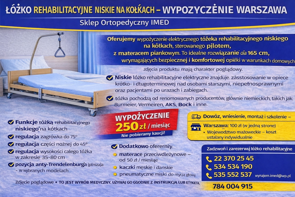 Łóżko rehabilitacyjne niskie na kółkach – wynajem Warszawa Sklep IMED Bemowo - zdjęcie 1