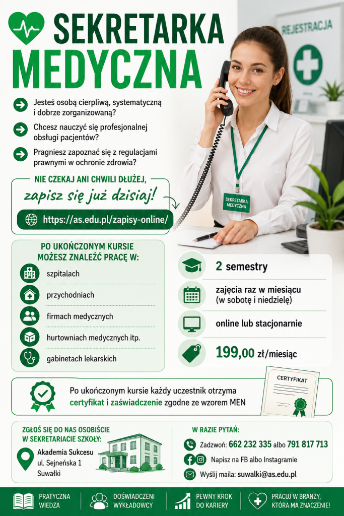 SEKRETARKA MEDYCZNA- CERTYFIKOWANY KURS ROCZNY! Suwałki - zdjęcie 1