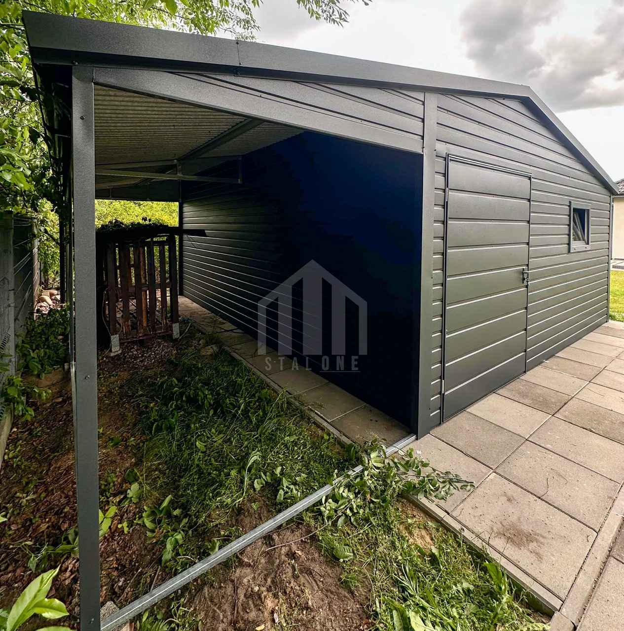 Schowek domek ogrodowy 4,5x5 + wiata drzwi okno blachodachówka SO154 Grunwald - zdjęcie 4