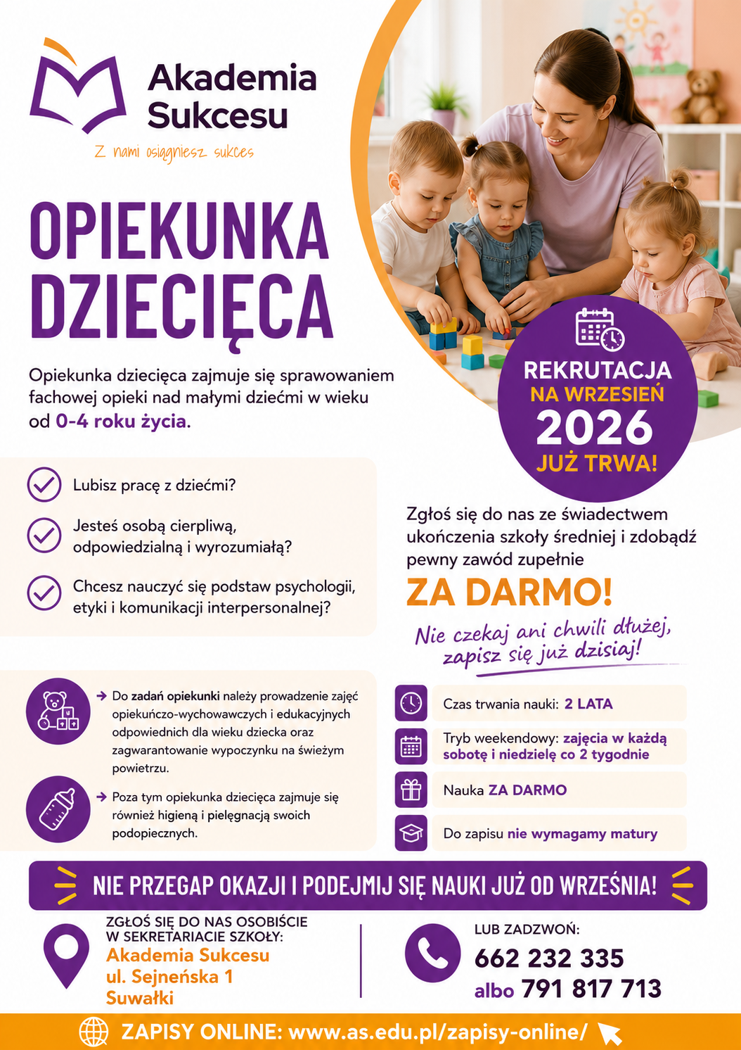 OPIEKUNKA DZIECIĘCA- NAUKA ZA DARMO! Suwałki - zdjęcie 1