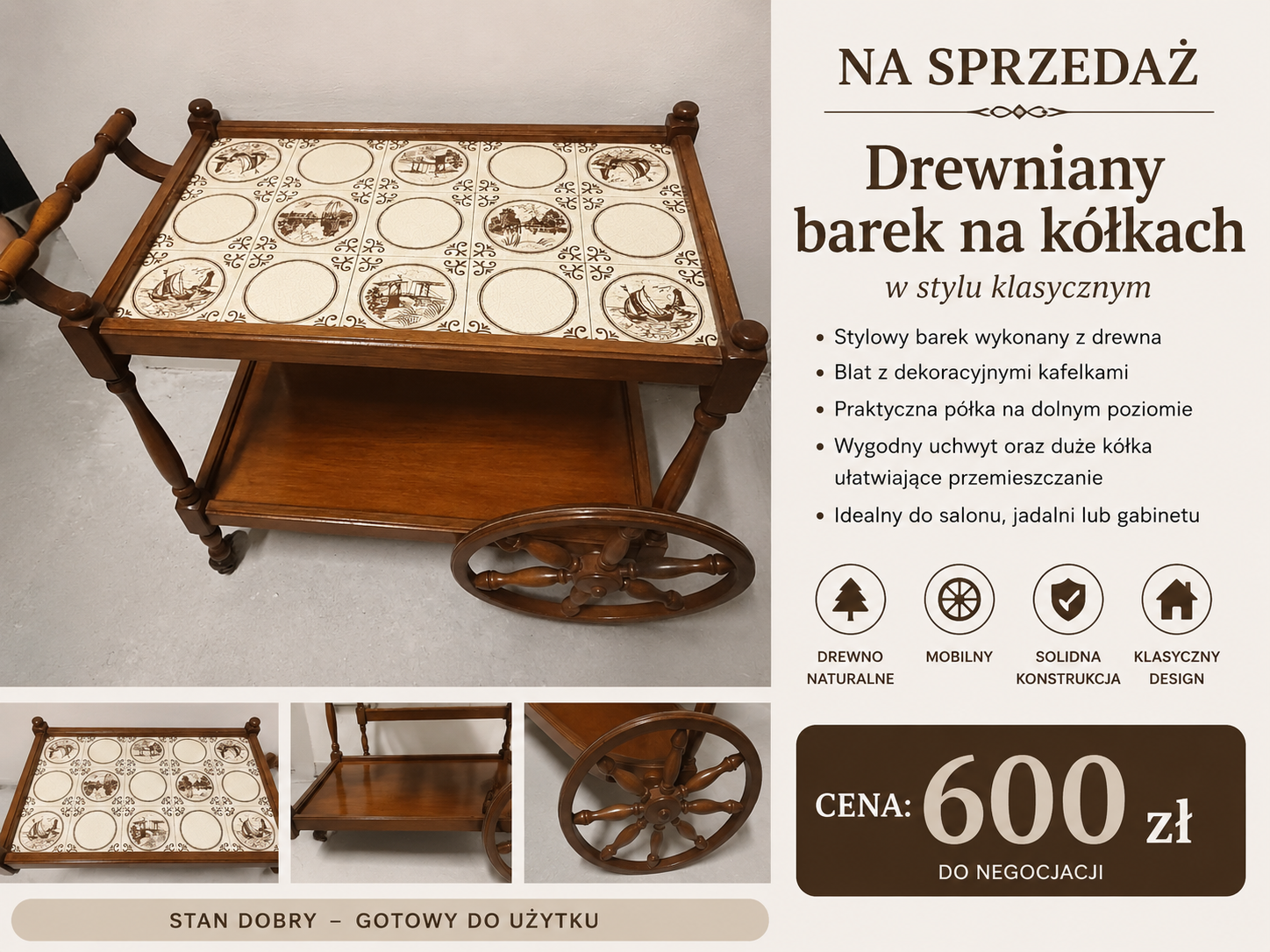Stylowy barek / stolik na kółkach Olsztyn - zdjęcie 1