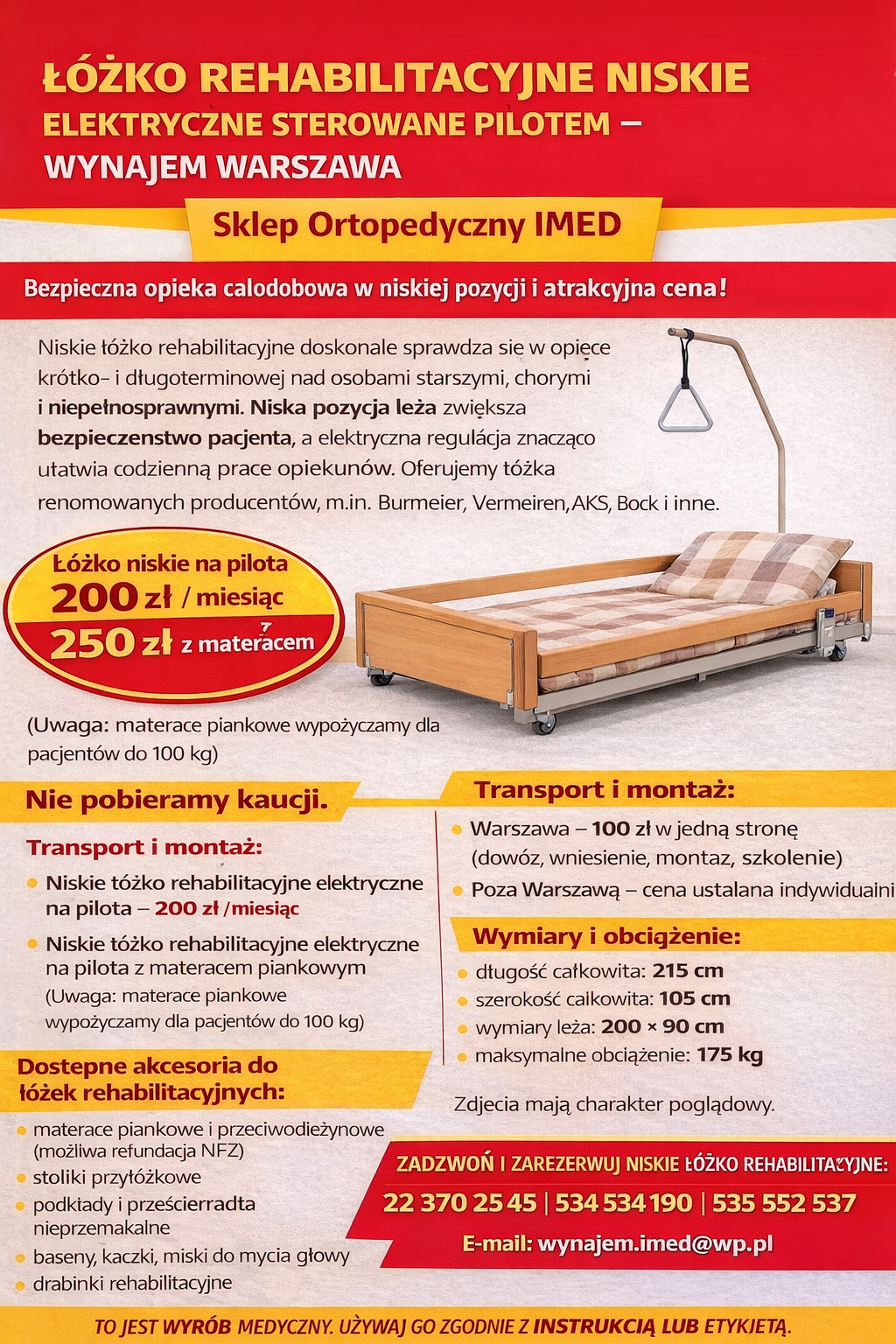 Łóżko rehabilitacyjne niskie – wynajem Warszawa Bemowo - zdjęcie 1