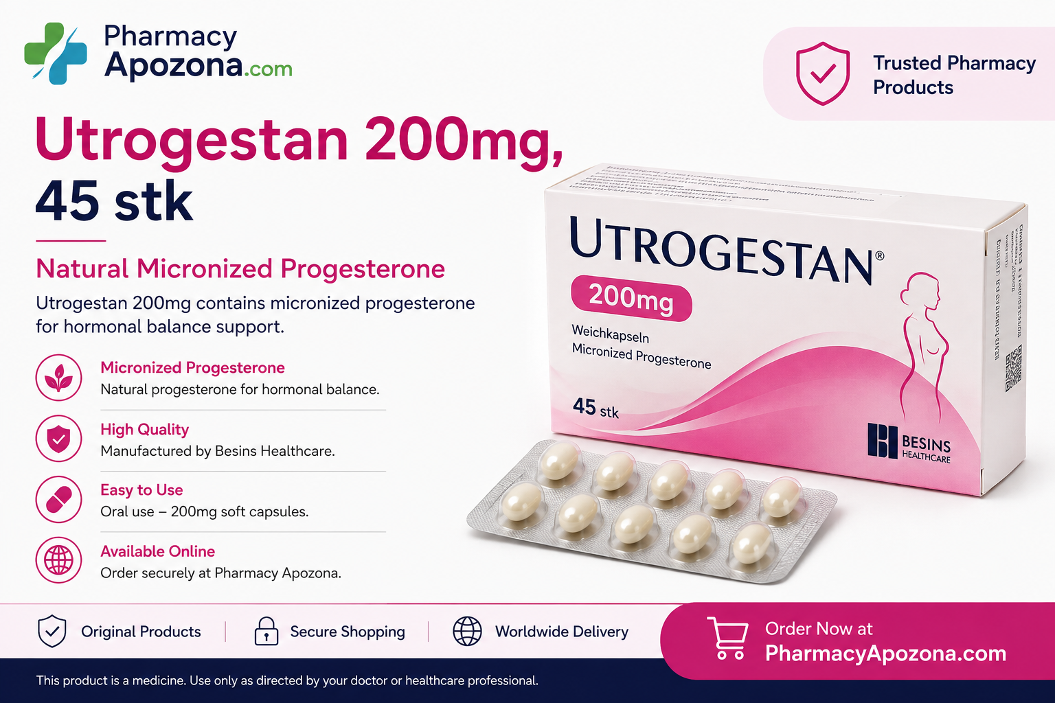 Utrogestan 200mg, 45 kapsułek – Mikronizowany progesteron Ochota - zdjęcie 1