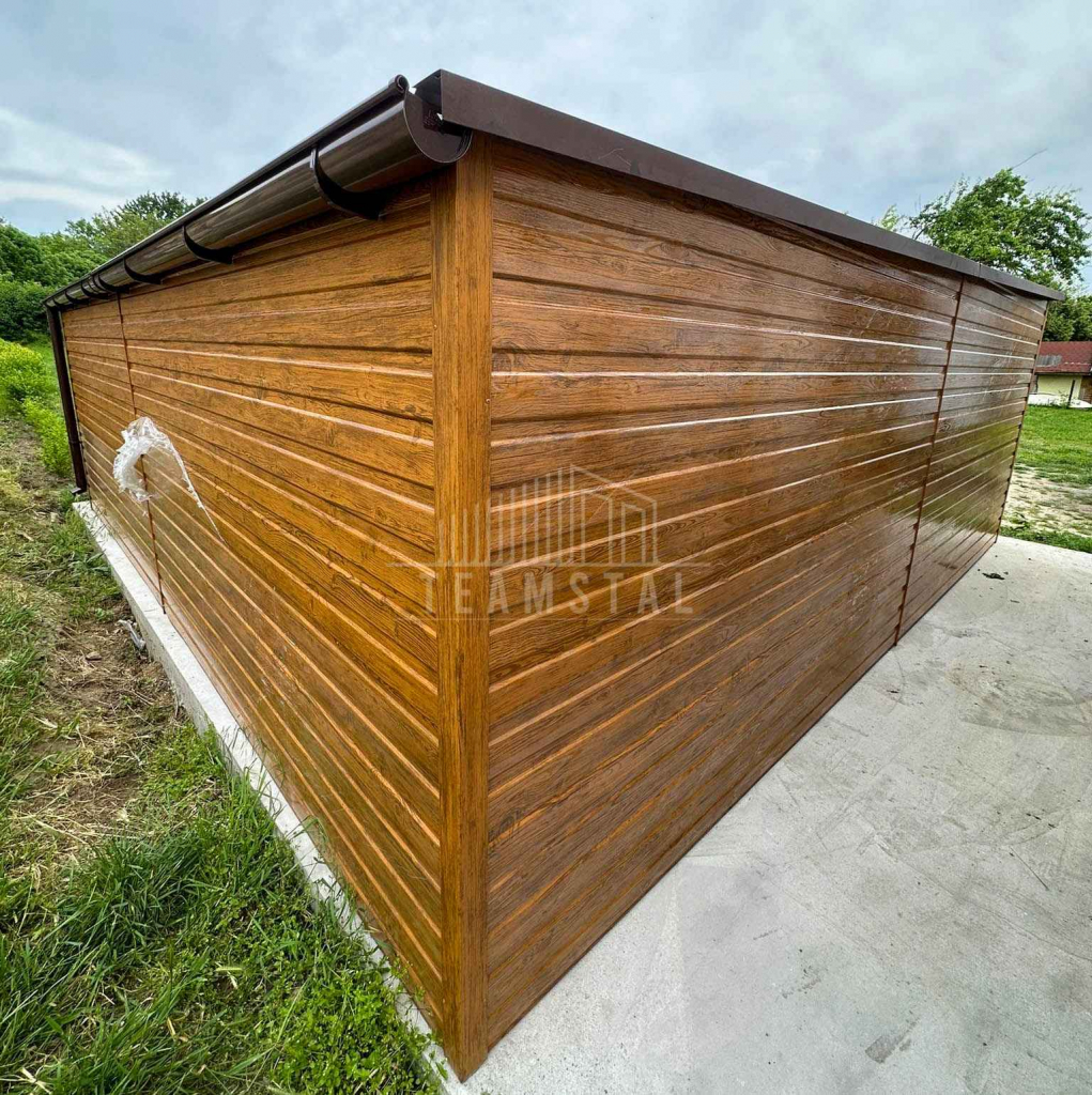 Garaż blaszany 6x6m - 2x brama uchylna drewnopodobny rynna dach TS1118 Piła - zdjęcie 5