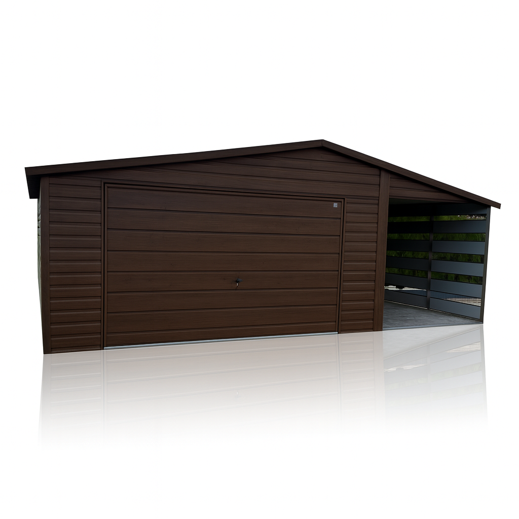 Garaż blaszany Ciemny Orzech 6×5 Dwuspadowy + Wiata Panelowa PREMIUM Radom - zdjęcie 1