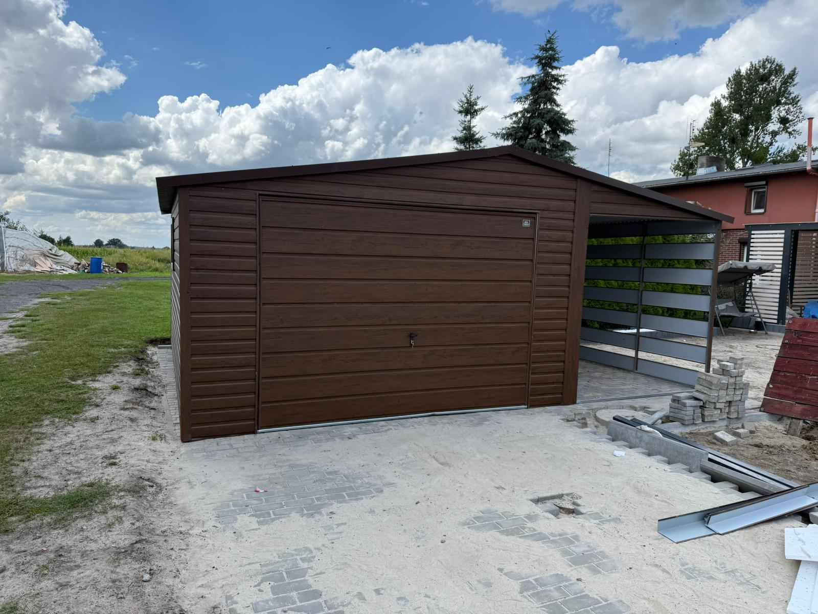 Garaż blaszany Ciemny Orzech 6×5 Dwuspadowy + Wiata Panelowa PREMIUM Radom - zdjęcie 2