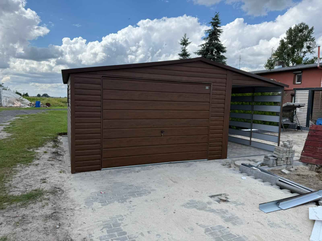 Garaż blaszany Ciemny Orzech 6×5 Dwuspadowy + Wiata Panelowa PREMIUM Radom - zdjęcie 2