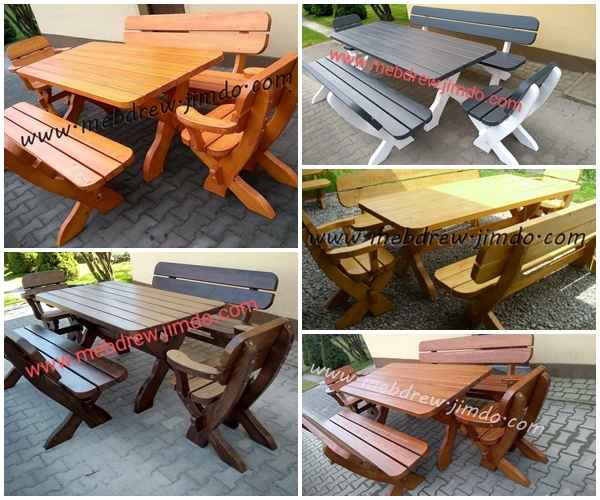 Meble drewniane malowane ogrodowe stół 2 ławki 2 fotele zestaw Tokarnia - zdjęcie 1