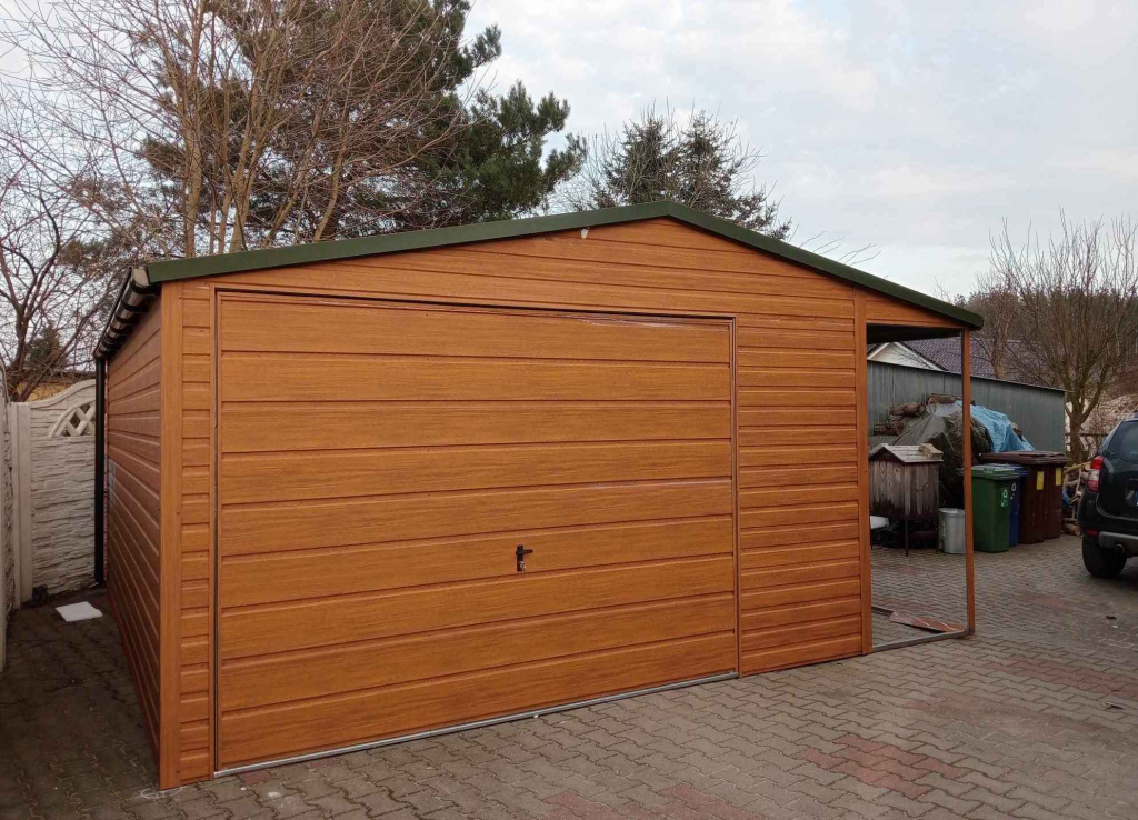 Garaż Blaszany 4×6 Złoty Dąb z Wiatą 1×6 na Słupkach – Profil Ocynk Koszalin - zdjęcie 3