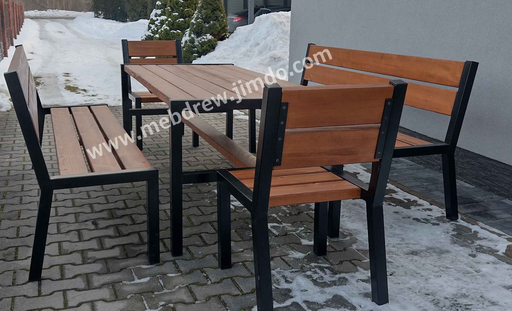 Stół loft ogrodowy drewno+metal ławki fotele zestaw mebli Tokarnia - zdjęcie 2