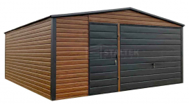 Garaż blaszany 5x6m - Brama uchylna drewnopodobny dach ST173