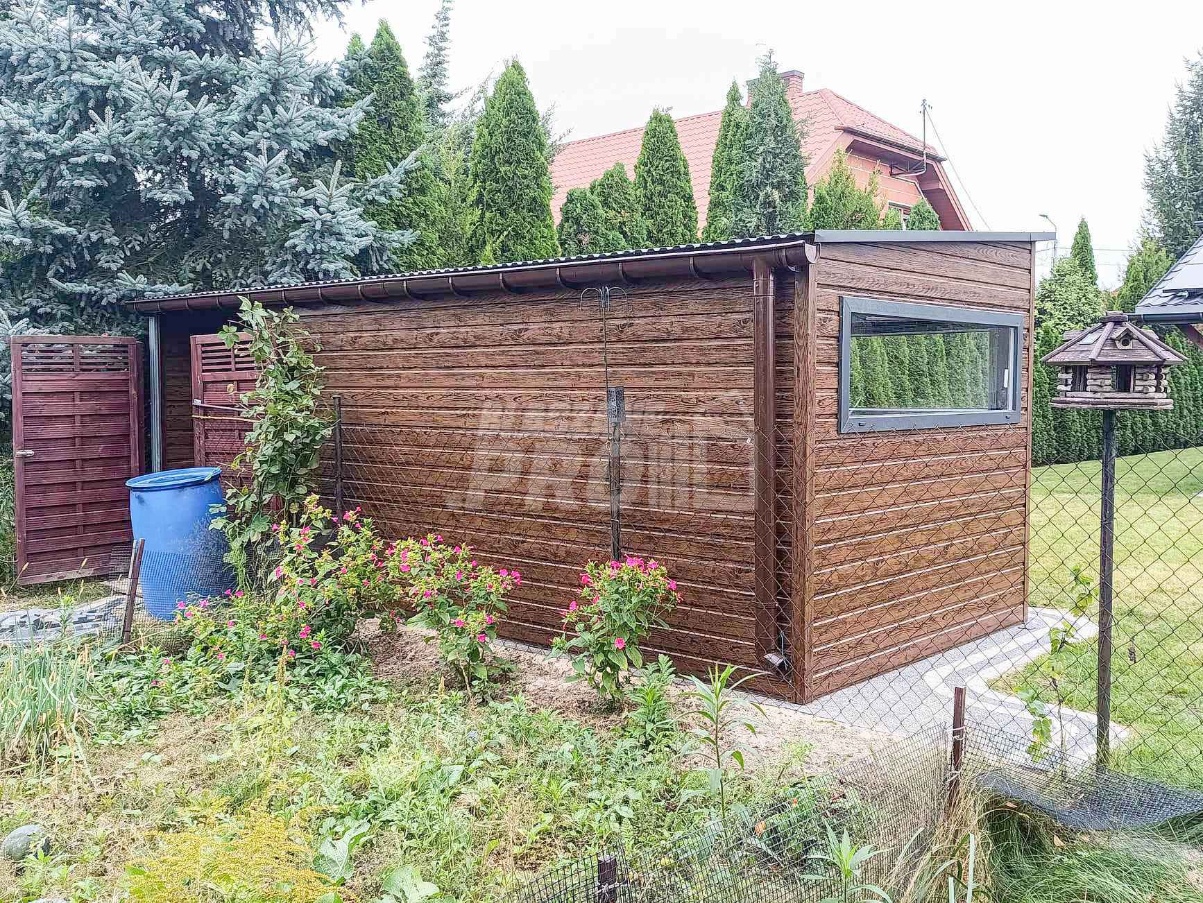 Domek ogrodowy 4,5x2,5m + wiata 1,8m drewnopodobny  rynny  GP450 Szczecinek - zdjęcie 6