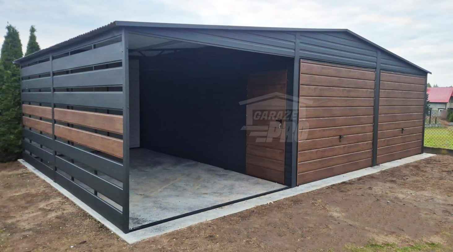 Garaż blaszany 6x6 m + wiata 3x6 m 2x brama uchylna drzwi dach GP745 Wisła - zdjęcie 2