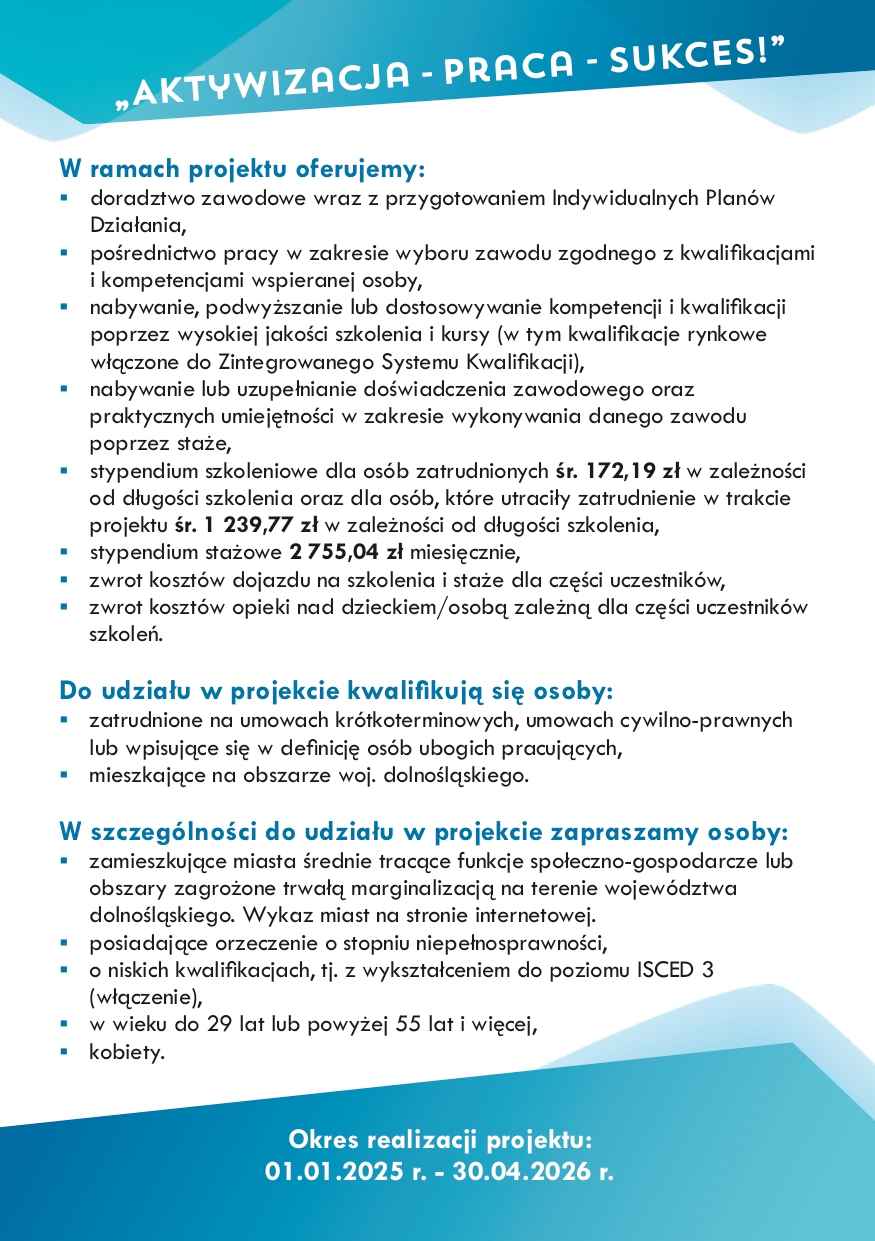 Udziału w projekcie „Aktywizacja - Praca - Sukces!” Polkowice - zdjęcie 3