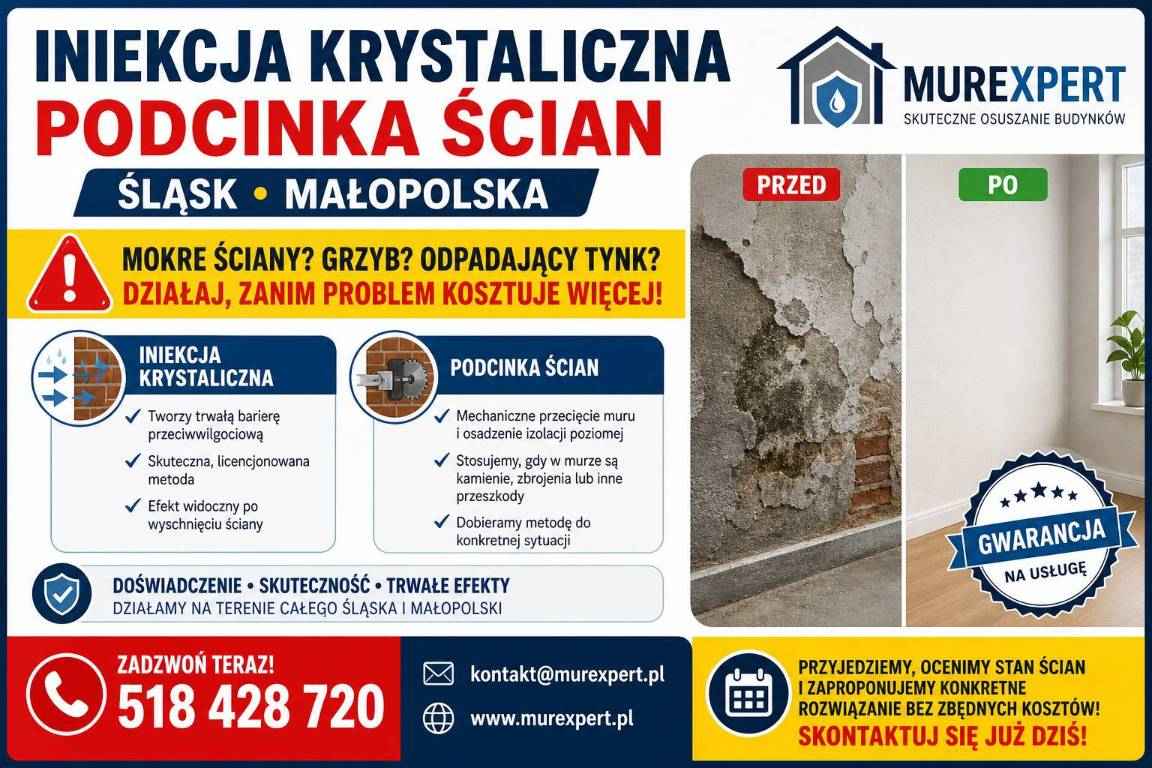 Iniekcja krystaliczna, podcinka ścian - Śląsk, Małopolska | MurExpert Bielsko-Biała - zdjęcie 1