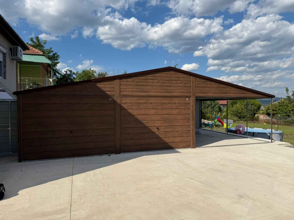 Garaż blaszany 6×5m z wiatą 5x5m  dach dwuspadowy, Ciemny Orzech Tczew - zdjęcie 2