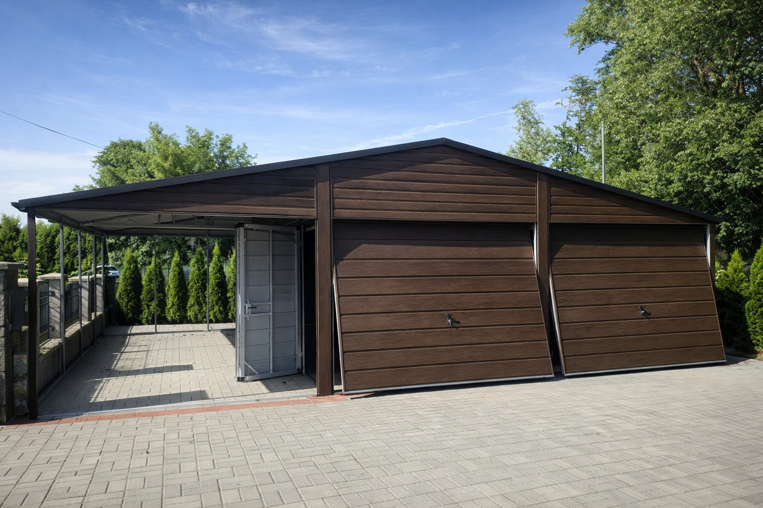 Garaż blaszany dwustanowiskowy 6x7 z wiatą 3m Ciemny Orzech PREMIUM Płońsk - zdjęcie 1