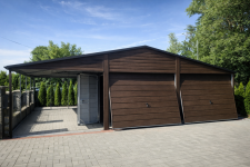 Garaż blaszany dwustanowiskowy 6x7 z wiatą 3m Ciemny Orzech PREMIUM