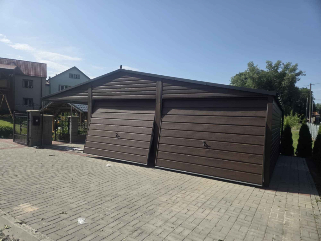 Garaż blaszany dwustanowiskowy 6x7 z wiatą 3m Ciemny Orzech PREMIUM Płońsk - zdjęcie 4