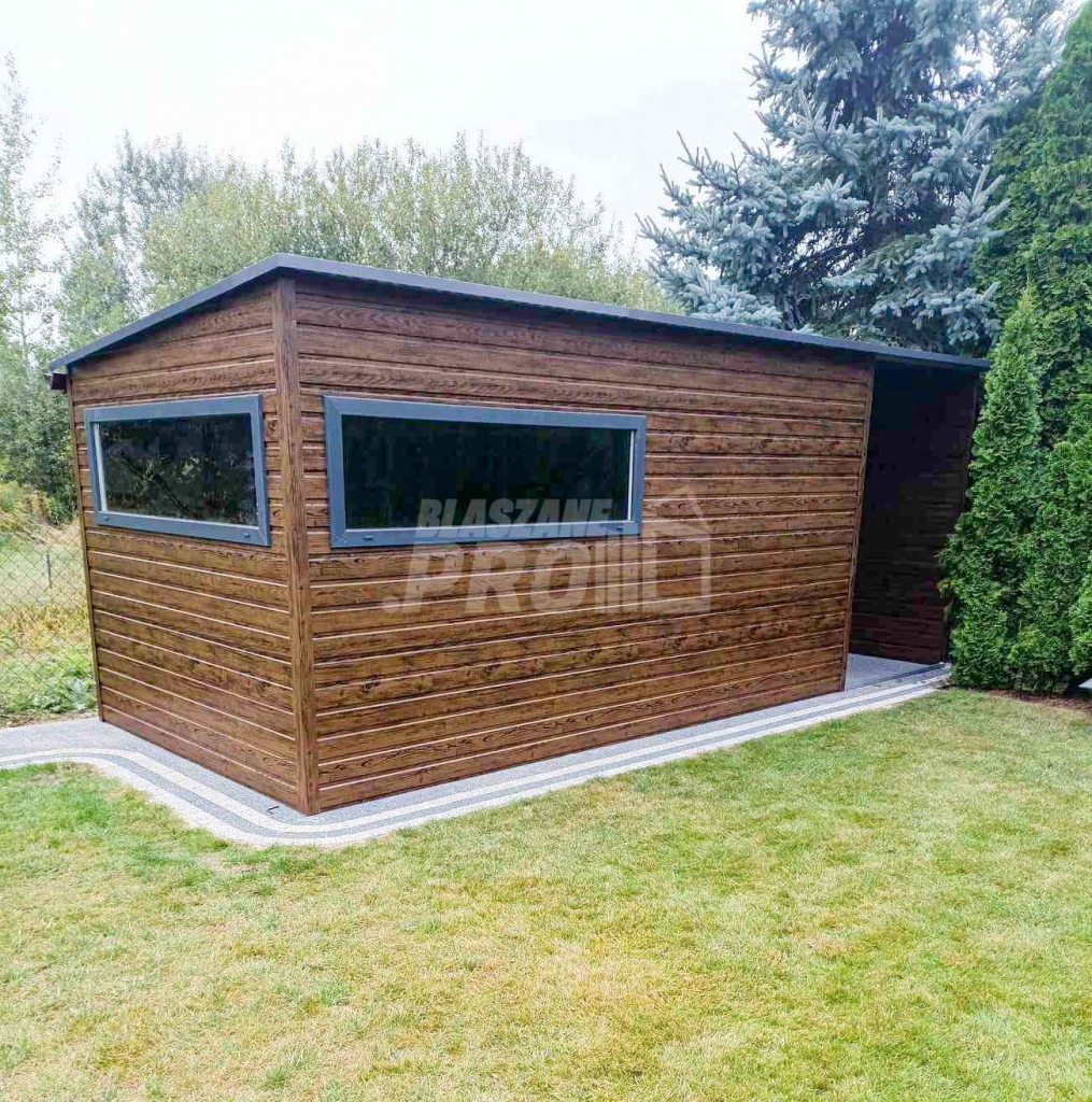 Domek ogrodowy 4,5x2,5m + wiata 1,8m drewnopodobny  rynny  GP450 Szczecinek - zdjęcie 5